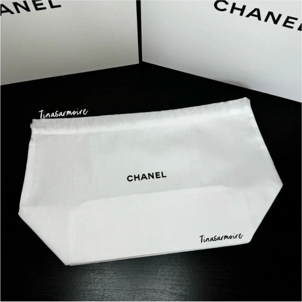 CHANEL White Drawstring Dust Bag with Black Cord